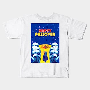 Passover Exodus from Egypt Hebrew: "Happy Passover!" Pesach Jewish Holiday poster. Moses parting the Red Sea, Israelites cross on dry ground. Poster Contemporary ART gifts idea Kids T-Shirt